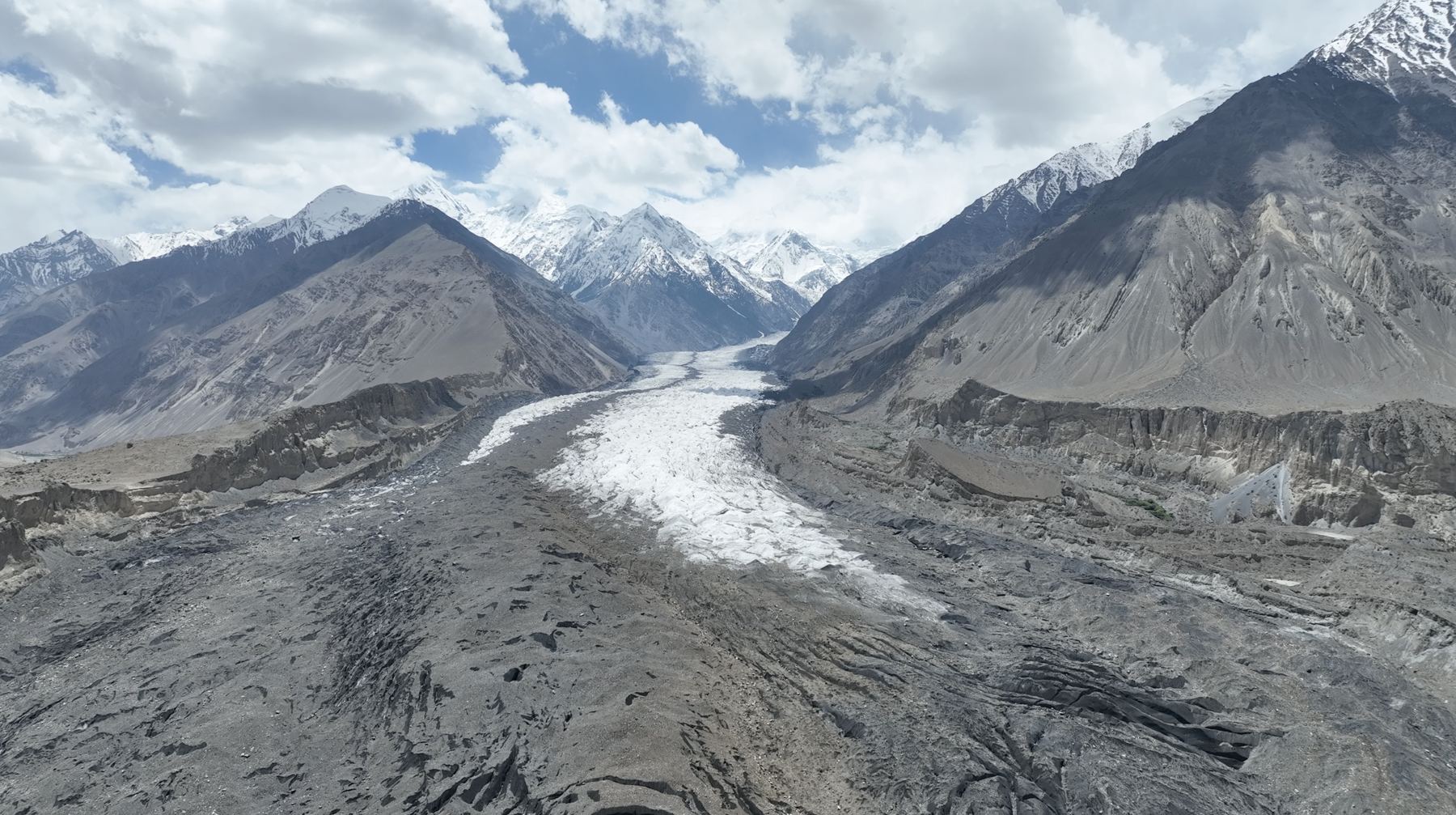 A glacier between snow peaks